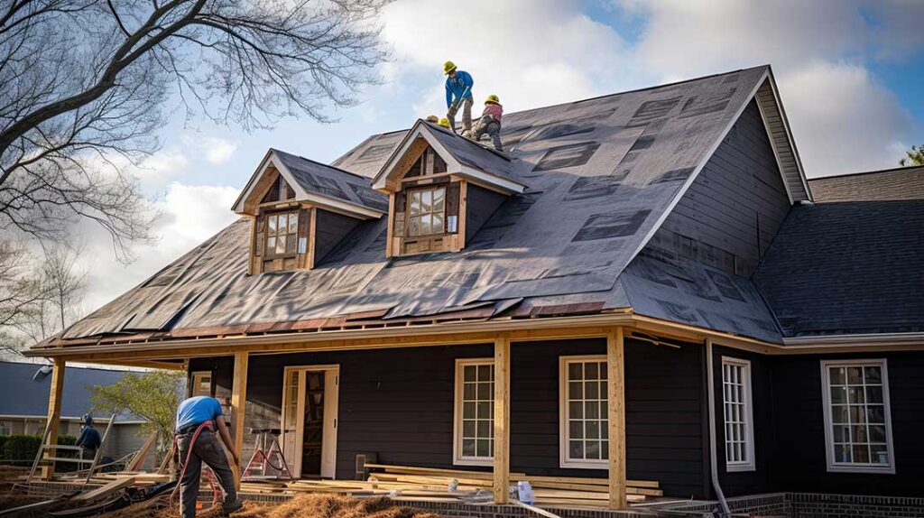 Homeowner reviews roof damage from the ground while shingles and fallen branches lie nearby