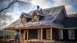 Homeowner reviews roof damage from the ground while shingles and fallen branches lie nearby
